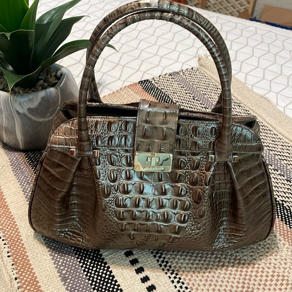Brahmin Brown Croc-Embossed Satchel with Gold Hardware